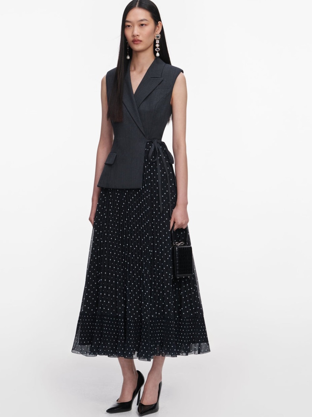 NWOT Self-Portrait GREY TAILORED POLKA DOT MIDI DRESS - Picture 4 of 9